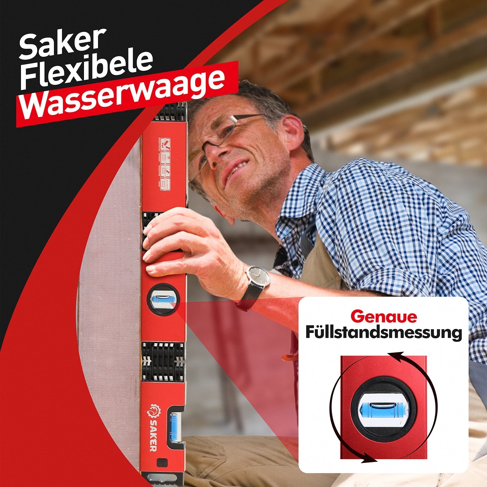 Saker 70cm Magnetische Flexible Wasserwaage mit 4 Libellen 5 Gelenke