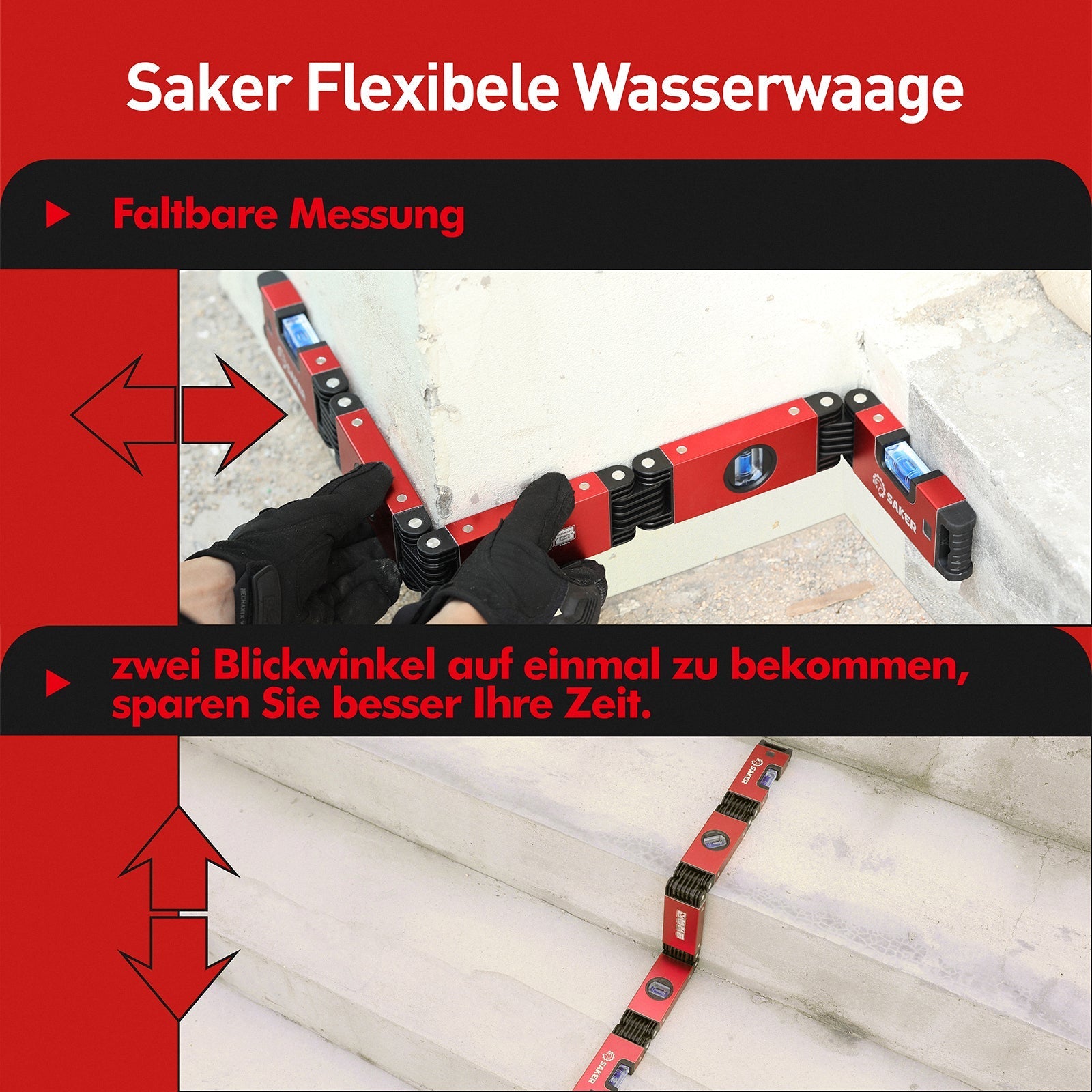 Saker 70cm Magnetische Flexible Wasserwaage mit 4 Libellen 5 Gelenke